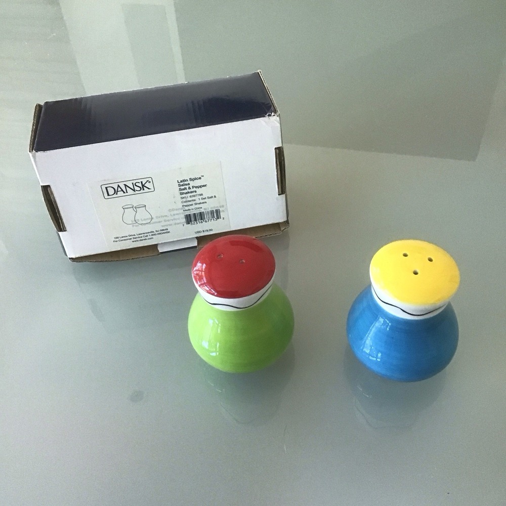 NEW NIB DANSK  Latin Spice Salsa Ceramic Salt & Pepper Shakers SKU 6397798 RARE